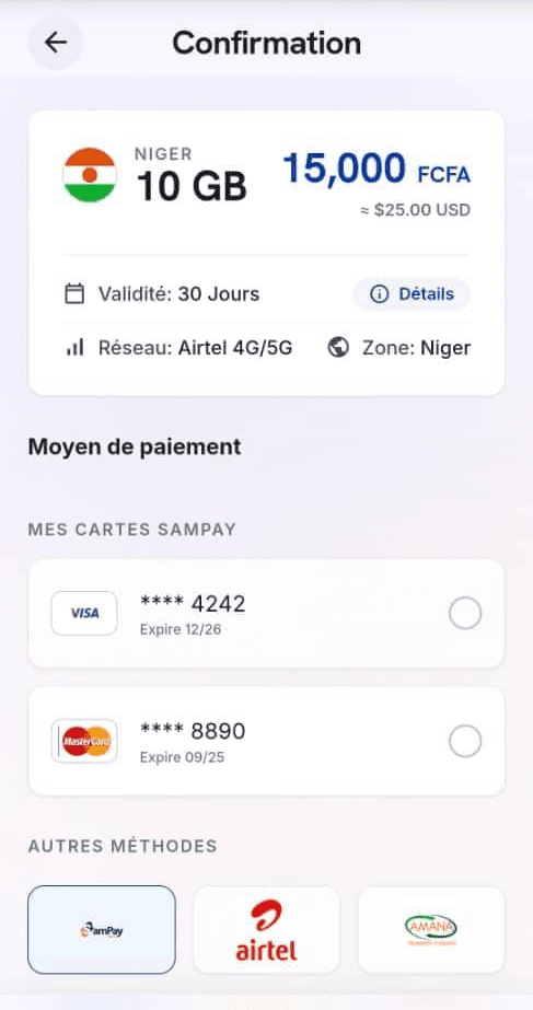 Écran Confirmation et moyen de paiement
