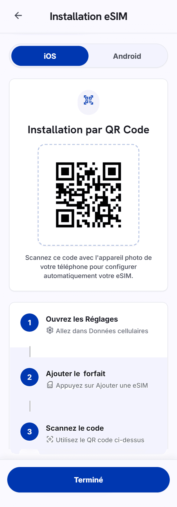 Écran Installation eSIM par QR code